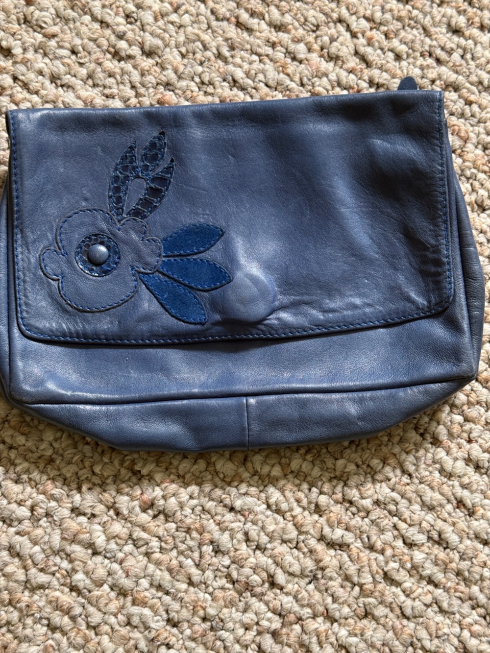 Genuine Leather Floral Appliqué Navy Fold-Over Crossbody Bag